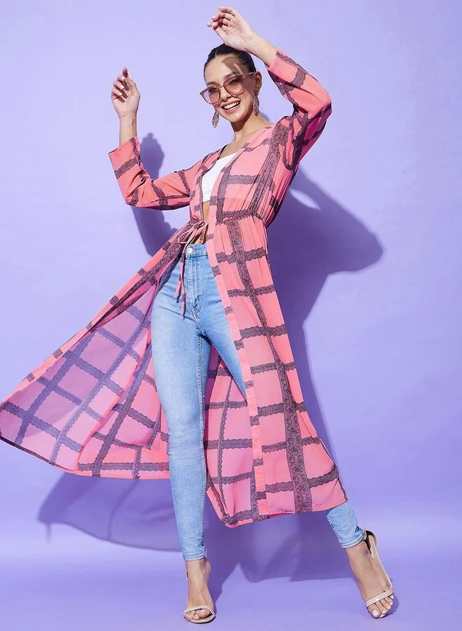 Stylestone Pink Checked Print Long Sleeve Shrug