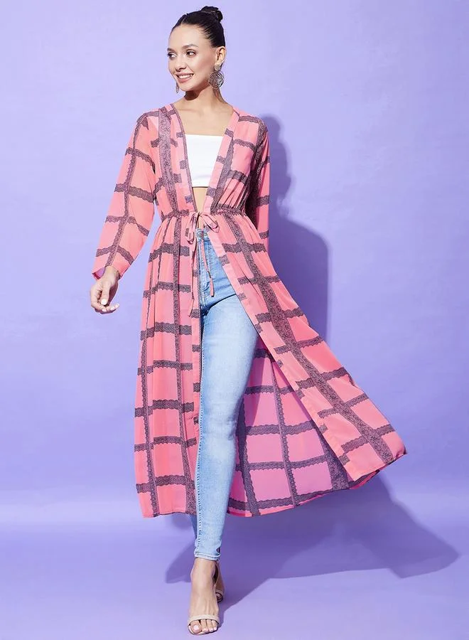 StyleStone Stylestone Pink Checked Print Long Sleeve Shrug