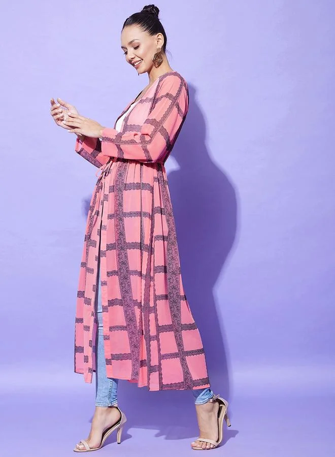 StyleStone Stylestone Pink Checked Print Long Sleeve Shrug
