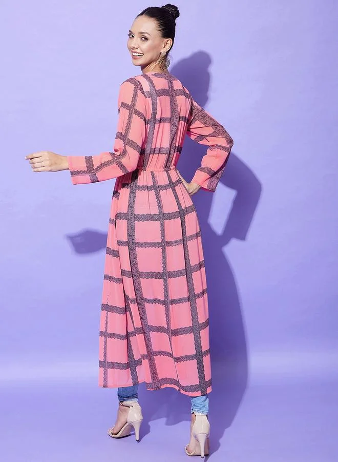 StyleStone Stylestone Pink Checked Print Long Sleeve Shrug