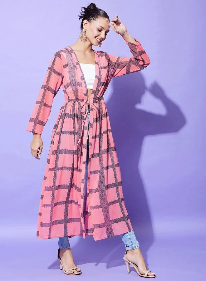 StyleStone Stylestone Pink Checked Print Long Sleeve Shrug
