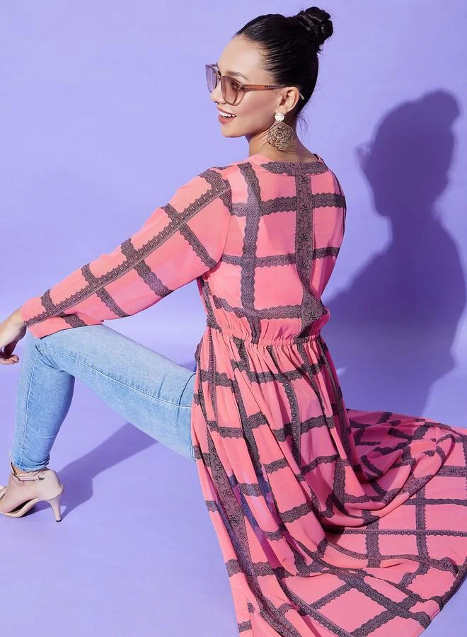 StyleStone Stylestone Pink Checked Print Long Sleeve Shrug