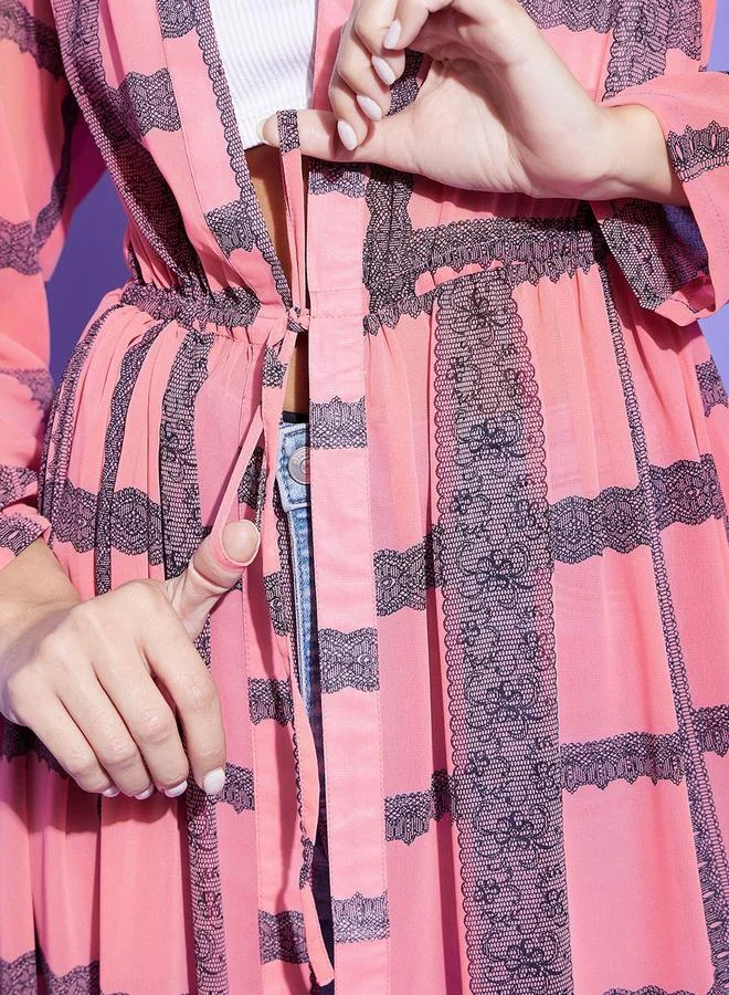 StyleStone Stylestone Pink Checked Print Long Sleeve Shrug