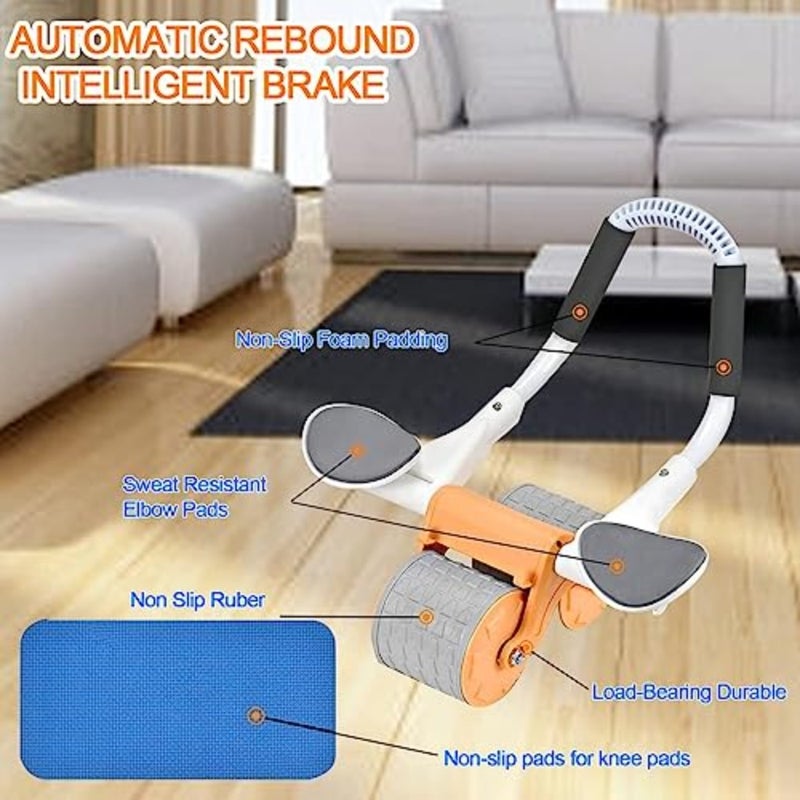 Home gym ab roller wheel with knee mat, stainless steel and ABS plastic, black and silver, automatic rebound and timer function for core workout - Image 3