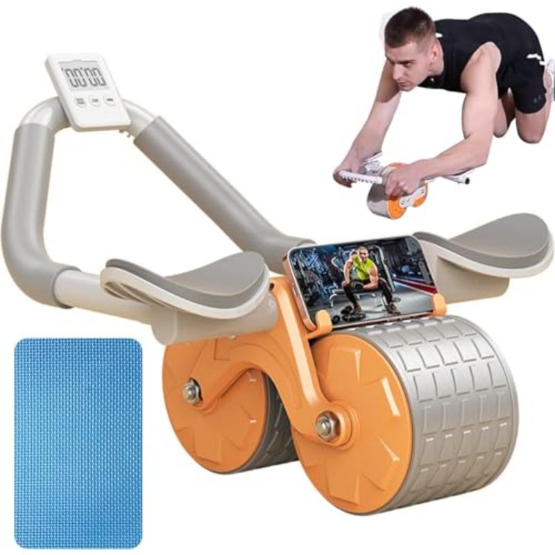 Home gym ab roller wheel with knee mat, stainless steel and ABS plastic, black and silver, automatic rebound and timer function for core workout - Image 1