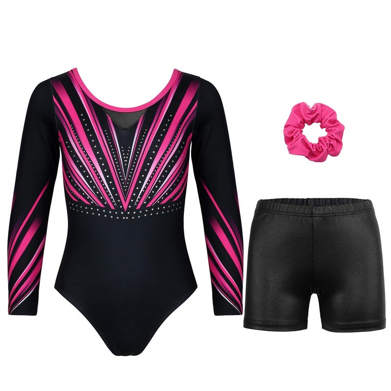JOYSTREAM Gymnastics Leotards for Girls With Shorts Sparkly Ballet Dance Long Printed Sleeve Outfit 10-11Years,Rose-red Diamond - Image 1