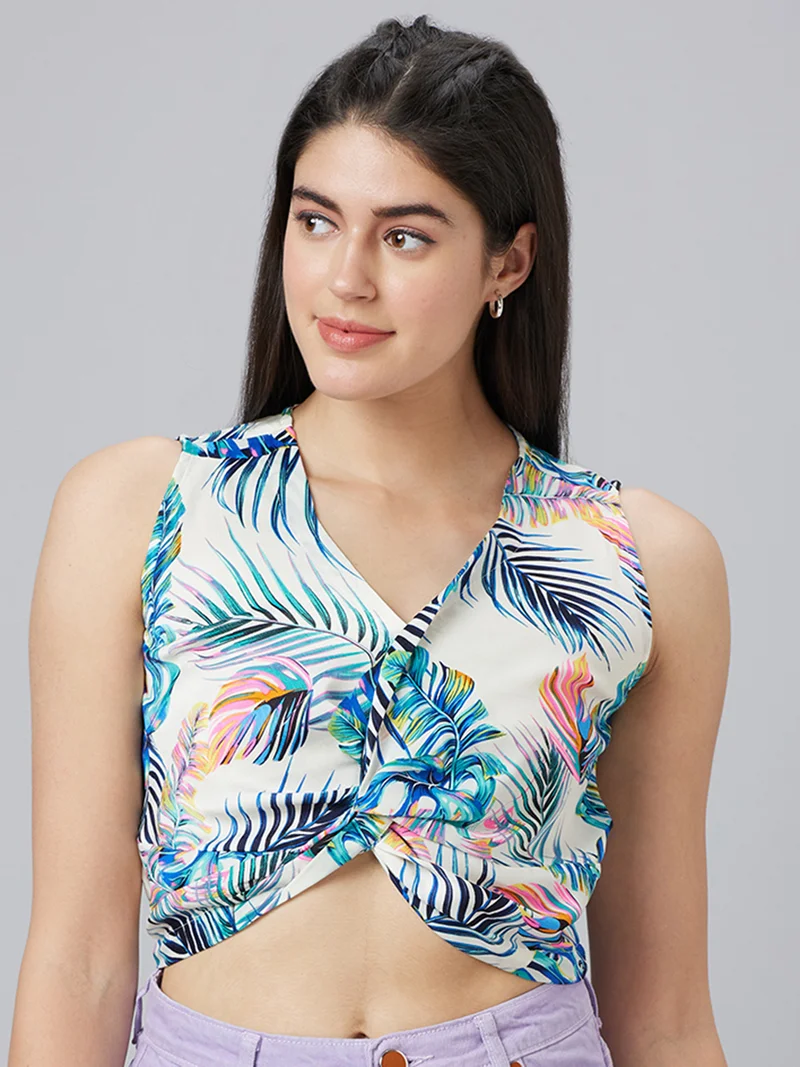 Women Tropical Print Twisted Crepe Crop Top