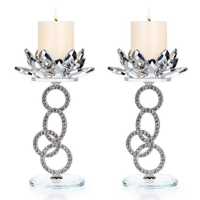 SET OF 2 CRYSTAL LOTUS FLOWER CANDLE HOLDERS METAL GLASS LOTUS PILLAR CANDLESTICK HOLDERS SILVER CRYSTAL LOTUS TEALIGHT CANDLESTICKS VOTIVE CANDLE STANDS FOR WEDDING TABLE CENTERPIECE 75 H