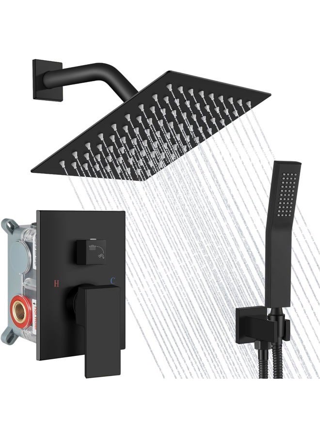 Midanya Rain Shower System Matte Black Wall Mount Shower Faucet Set 8 Inch Square High Pressure Showerhead with Hand Sprayer Rough-In Valve Body and Trim Included Mixer Shower Combo Set Bathroom - Image 1