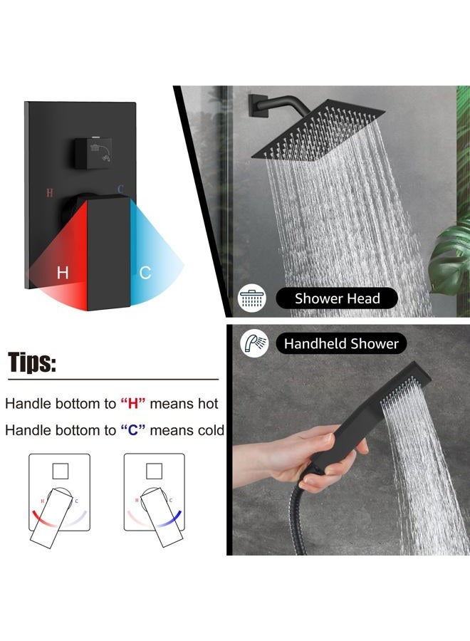 Midanya Rain Shower System Matte Black Wall Mount Shower Faucet Set 8 Inch Square High Pressure Showerhead with Hand Sprayer Rough-In Valve Body and Trim Included Mixer Shower Combo Set Bathroom - Image 4