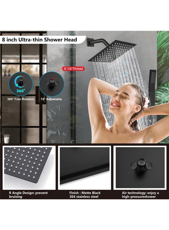 Midanya Rain Shower System Matte Black Wall Mount Shower Faucet Set 8 Inch Square High Pressure Showerhead with Hand Sprayer Rough-In Valve Body and Trim Included Mixer Shower Combo Set Bathroom - Image 3