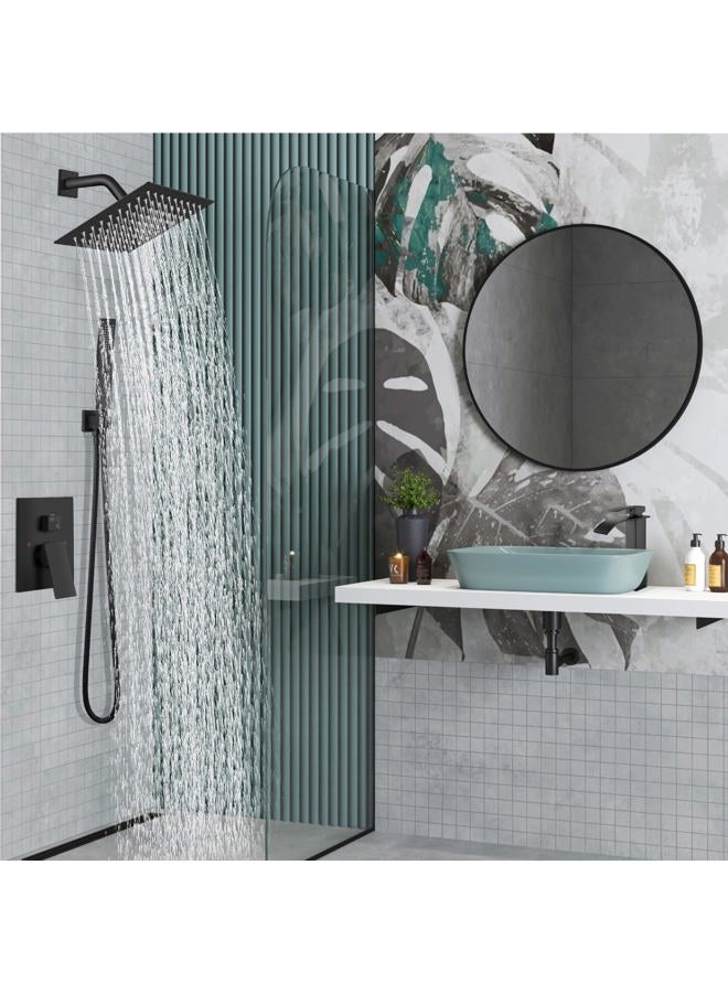 Midanya Rain Shower System Matte Black Wall Mount Shower Faucet Set 8 Inch Square High Pressure Showerhead with Hand Sprayer Rough-In Valve Body and Trim Included Mixer Shower Combo Set Bathroom - Image 2