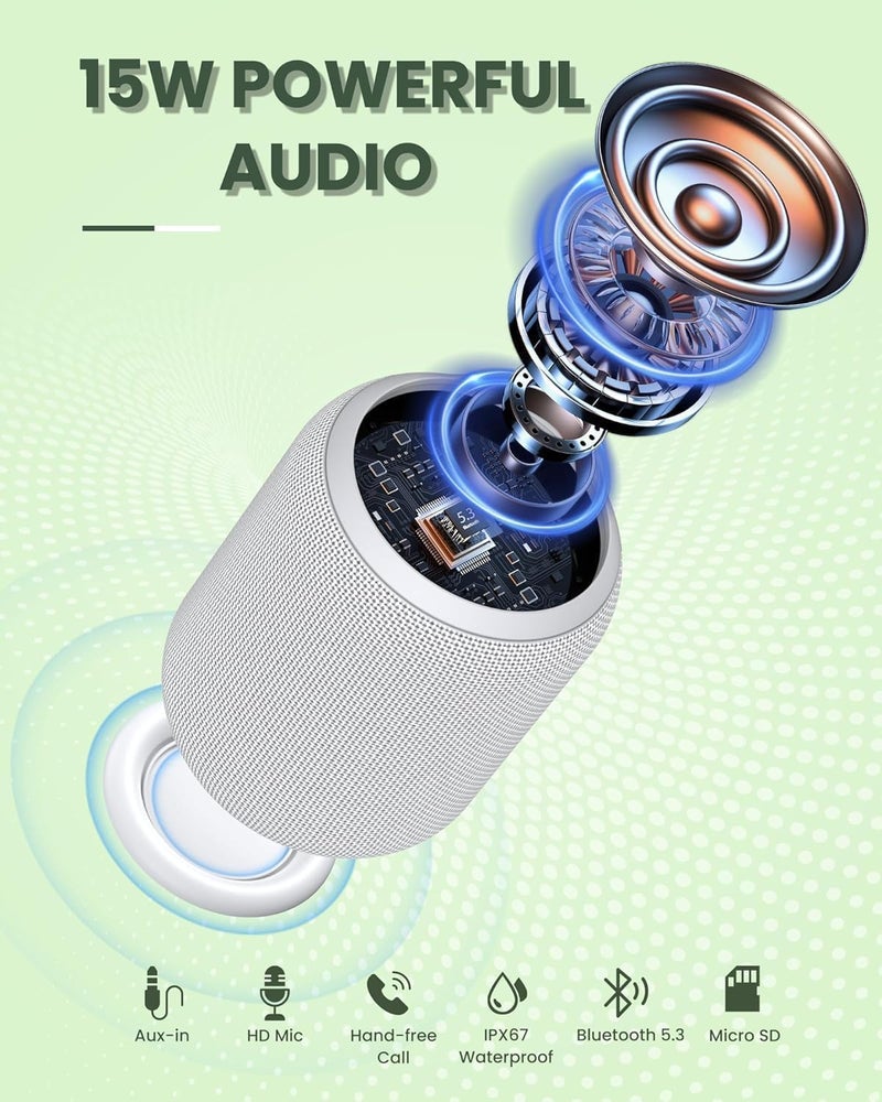 نوتابريك مكبرات صوت NOTABRICK بلوتوث، مكبرات صوت محمولة بقدرة 15 واط مع بلوتوث لاسلكي V5.0 وصوت ستيريو، باس إضافي نشط، مقاومة للماء IPX6 للاستحمام، إقران مزدوج، للحفلات، المسرح المنزلي، مسرح الألعاب - Image 2