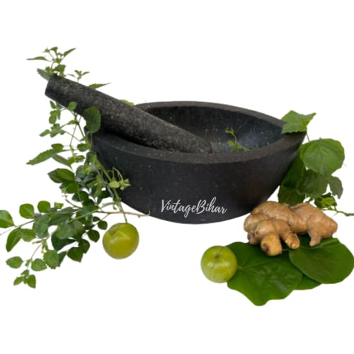 VintageBihar Black Granite stone mortar and pestle, Ideal Kharal musal for grinding herbs spices and khalbatta for kitchen (Length = 8 inch) - Image 4