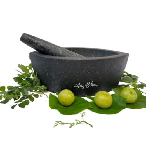 VintageBihar Black Granite stone mortar and pestle, Ideal Kharal musal for grinding herbs spices and khalbatta for kitchen (Length = 8 inch) - Image 1