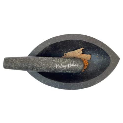 VintageBihar Black Granite stone mortar and pestle, Ideal Kharal musal for grinding herbs spices and khalbatta for kitchen (Length = 8 inch) - Image 2