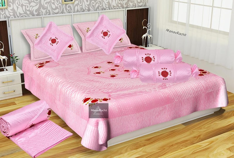 ManavRachit Satin Red Rose Floral Embroidery 310 TC King Size Wedding Bedding Set of 8pc1 Bedsheet 2 Pillow Covers 1AC Comforter 2 Cushions 2 Bolsters for Home Living Room Pink