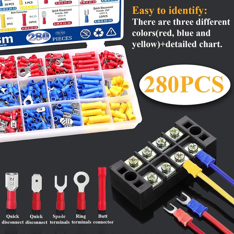 Tnisesm /300PCS Insulated Wire Crimp Connectors Assortment Kit with Ring, Spade, Butt, Quick Disconnect, Crimp Automotive Cable Terminals TN-T01 - Image 3