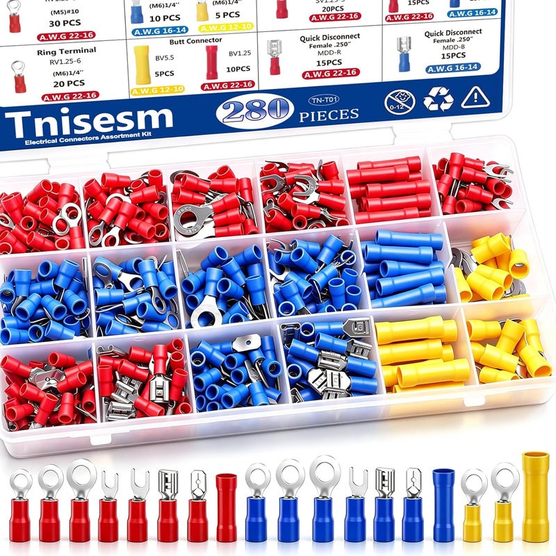 Tnisesm /300PCS Insulated Wire Crimp Connectors Assortment Kit with Ring, Spade, Butt, Quick Disconnect, Crimp Automotive Cable Terminals TN-T01 - Image 1