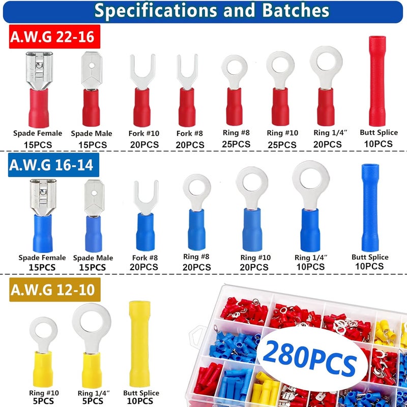 Tnisesm /300PCS Insulated Wire Crimp Connectors Assortment Kit with Ring, Spade, Butt, Quick Disconnect, Crimp Automotive Cable Terminals TN-T01 - Image 2