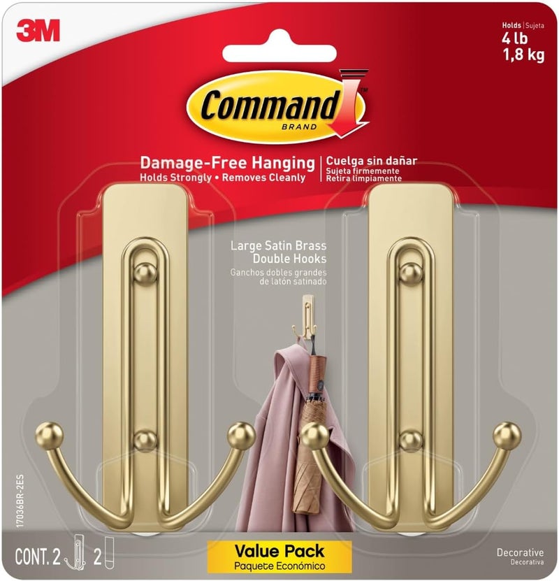 Command Large Satin Brass Double Hooks, 2 Coat Hooks and 2 Strips, Damage-Free Hanging with Adhesive, Great for Hanging Christmas Decorations, Holds up to 4 lb - Image 1