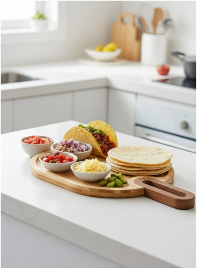 هابي هوم صينية تقديم خشبية من الخيزران مع مقبض عملي | صينية تقديم للمقبلات، البيتزا، الجبن والفواكه | صينية طبيعية صديقة للبيئة للاستخدام اليومي والمناسبات | تصميم عصري أنيق للمائدة 38*20سم - Image 4