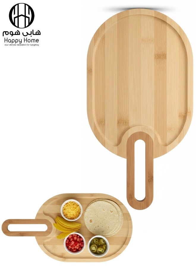 هابي هوم صينية تقديم خشبية من الخيزران مع مقبض عملي | صينية تقديم للمقبلات، البيتزا، الجبن والفواكه | صينية طبيعية صديقة للبيئة للاستخدام اليومي والمناسبات | تصميم عصري أنيق للمائدة 38*20سم - Image 1