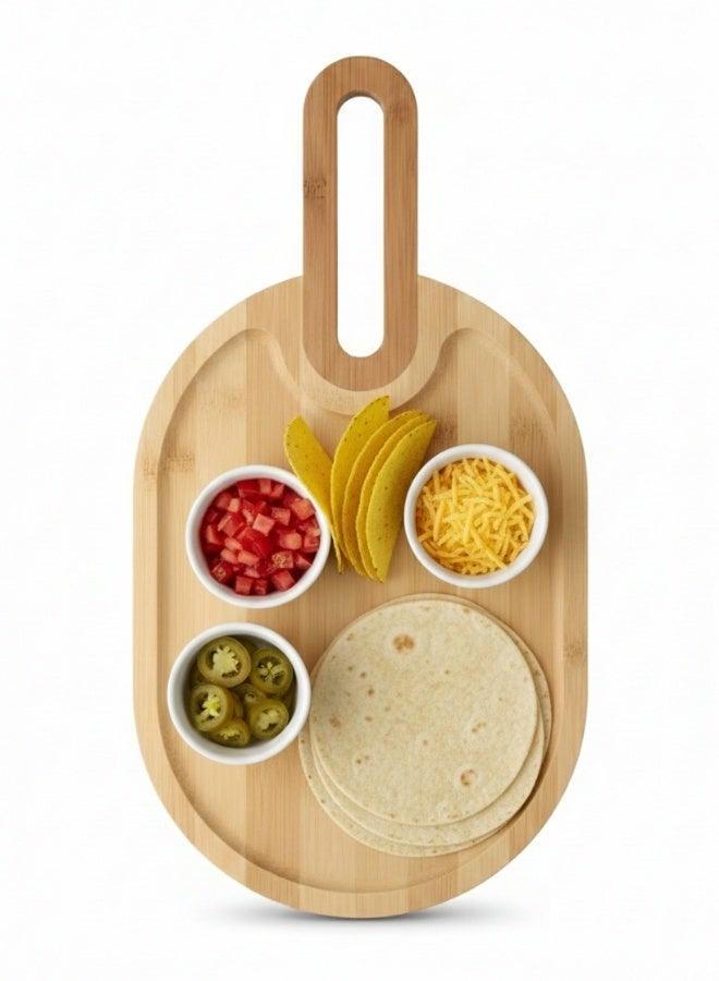 هابي هوم صينية تقديم خشبية من الخيزران مع مقبض عملي | صينية تقديم للمقبلات، البيتزا، الجبن والفواكه | صينية طبيعية صديقة للبيئة للاستخدام اليومي والمناسبات | تصميم عصري أنيق للمائدة 38*20سم - Image 2