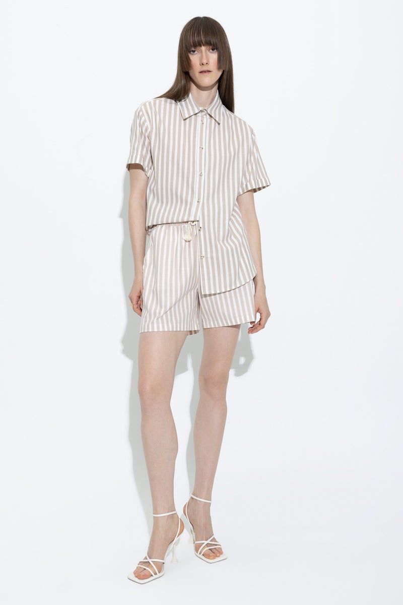 DeFacto Beige Woman High Waist Wide Leg Linen Look Striped Shorts Casual - Image 2