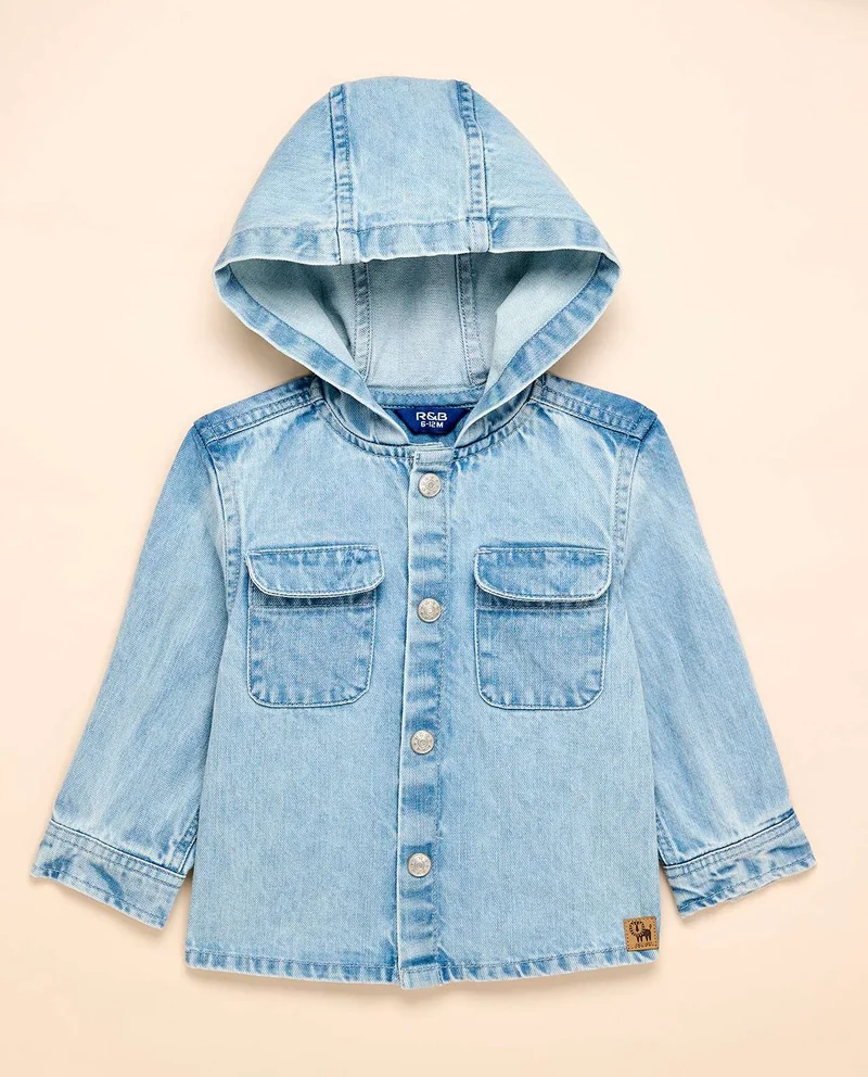 أر أند بي Washed Hooded Denim Shirt with Button Closure