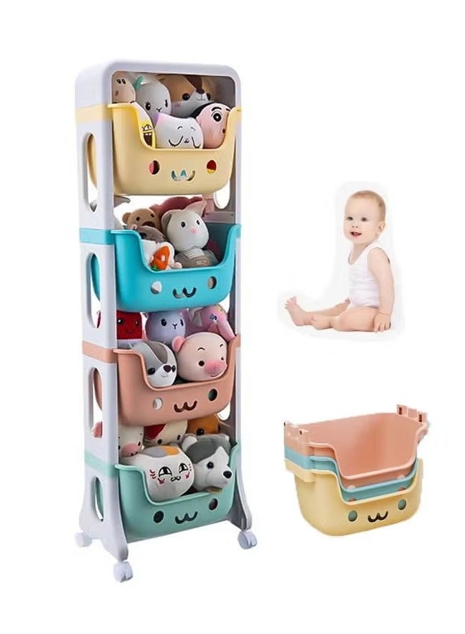 XiuWoo Kids Toy Storage Organizer Children's Toy Storage Rack Household Living Room Playroom Decor with Caster Wheels(4 Layer) - Image 1