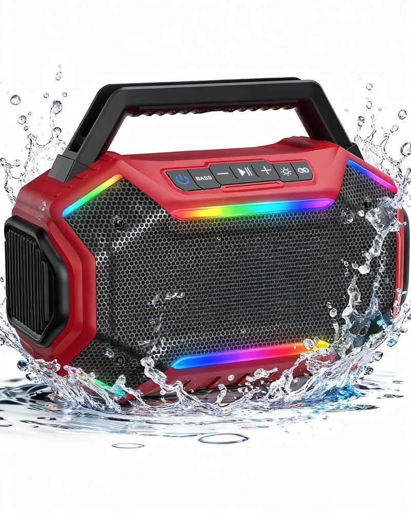 Qozybuds Bluetooth 6.0 Speaker, 80W(Peak) Loud Speaker with Bass, 30H Working Time, IPX6 Waterproof Large Jobsite Speakers with TWS, RGB Lights for Work, Outdoor, Workshop, Garage (Red) - Image 1