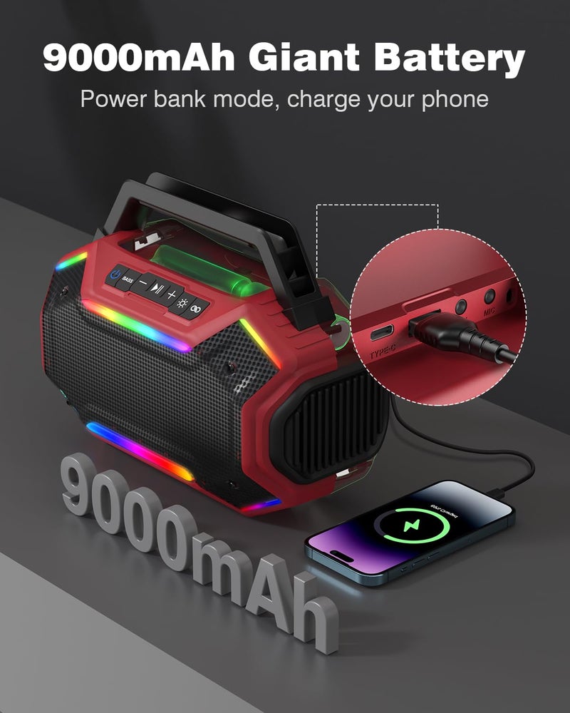 Qozybuds Bluetooth 6.0 Speaker, 80W(Peak) Loud Speaker with Bass, 30H Working Time, IPX6 Waterproof Large Jobsite Speakers with TWS, RGB Lights for Work, Outdoor, Workshop, Garage (Red) - Image 3