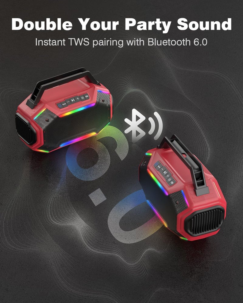Qozybuds Bluetooth 6.0 Speaker, 80W(Peak) Loud Speaker with Bass, 30H Working Time, IPX6 Waterproof Large Jobsite Speakers with TWS, RGB Lights for Work, Outdoor, Workshop, Garage (Red) - Image 5