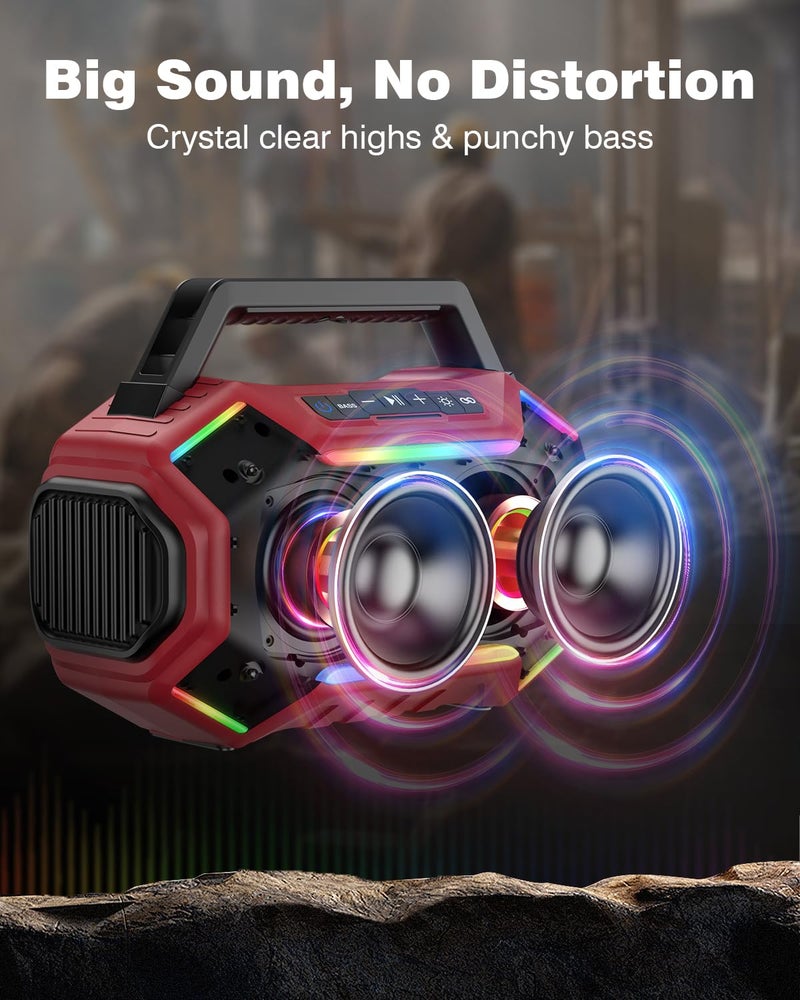 Qozybuds Bluetooth 6.0 Speaker, 80W(Peak) Loud Speaker with Bass, 30H Working Time, IPX6 Waterproof Large Jobsite Speakers with TWS, RGB Lights for Work, Outdoor, Workshop, Garage (Red) - Image 4