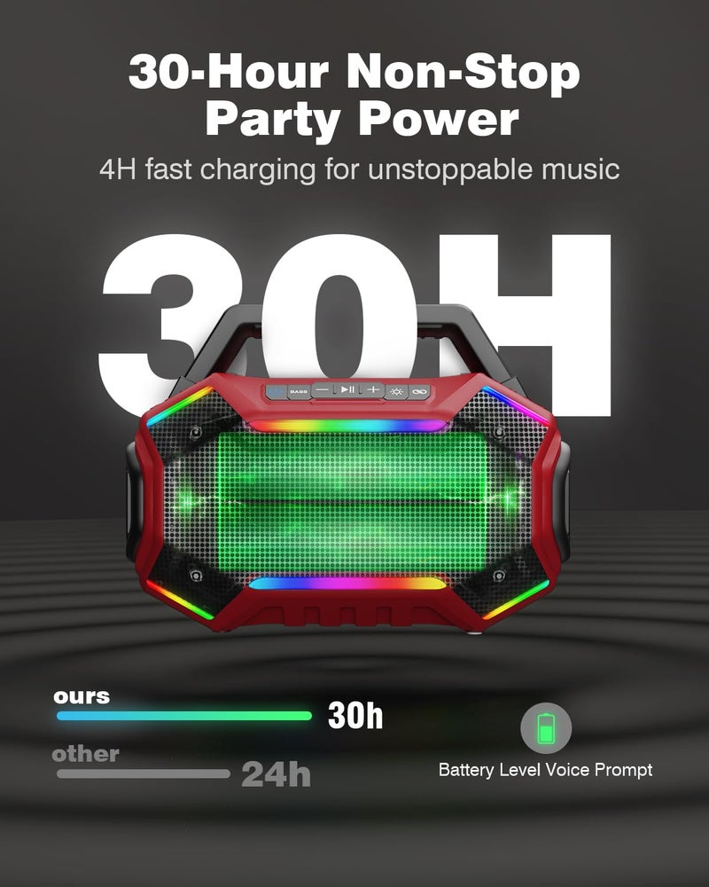 Qozybuds Bluetooth 6.0 Speaker, 80W(Peak) Loud Speaker with Bass, 30H Working Time, IPX6 Waterproof Large Jobsite Speakers with TWS, RGB Lights for Work, Outdoor, Workshop, Garage (Red) - Image 2