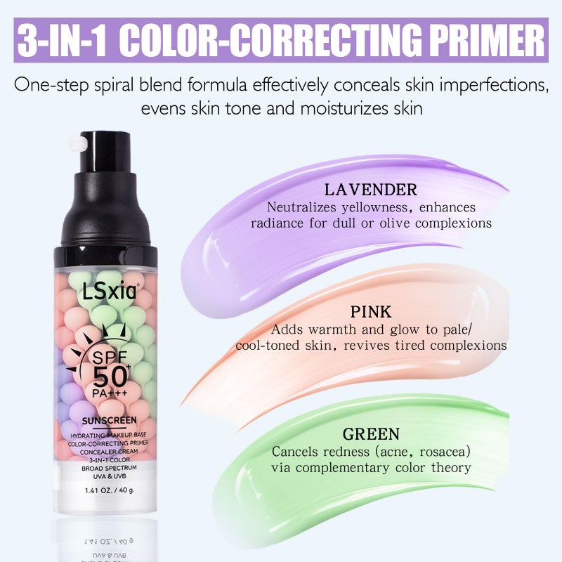 LSxia 3 In 1 Primer for Face Before Makeup, SPF 50, Tinted Moisturizer Sunscreen Isolation Cream, One Step Color Corrector Makeup Primer, Color Correcting Concealer Oil Control, Base de Maquillaje, #01 - Image 5