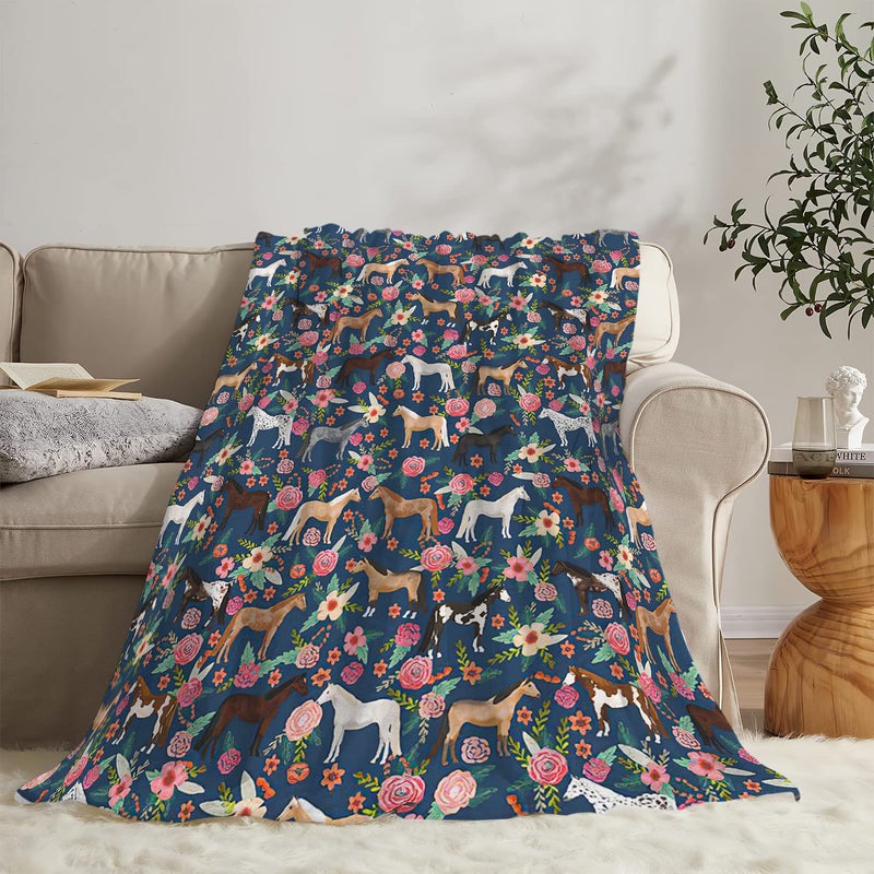 exroozy Horse Blanket Gifts for Girls Women Western Horses Flowers Fleece Flannel Throw Blankets Soft Lightweight Horse Plush Stuffed Animal Blue Throws for Horse Lovers Kids Adults Bed Sofa Decor 50"" x40 - Image 2