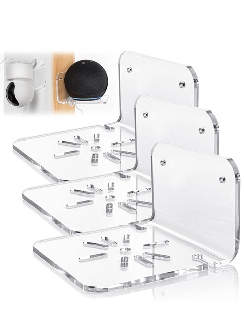 Set of 3 Acrylic Small Wall Shelf for Security Cameras, Small Floating Shelf for Speakers, Baby Monitors, Universal Adhesive Wall Mount Shelf Easy to Install No Drill, with Cable Clips (Clear)