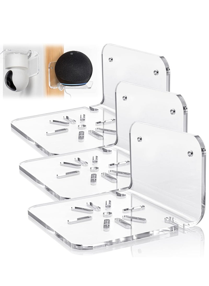 Set of 3 Acrylic Small Wall Shelf for Security Cameras, Small Floating Shelf for Speakers, Baby Monitors, Universal Adhesive Wall Mount Shelf Easy to Install No Drill, with Cable Clips (Clear)