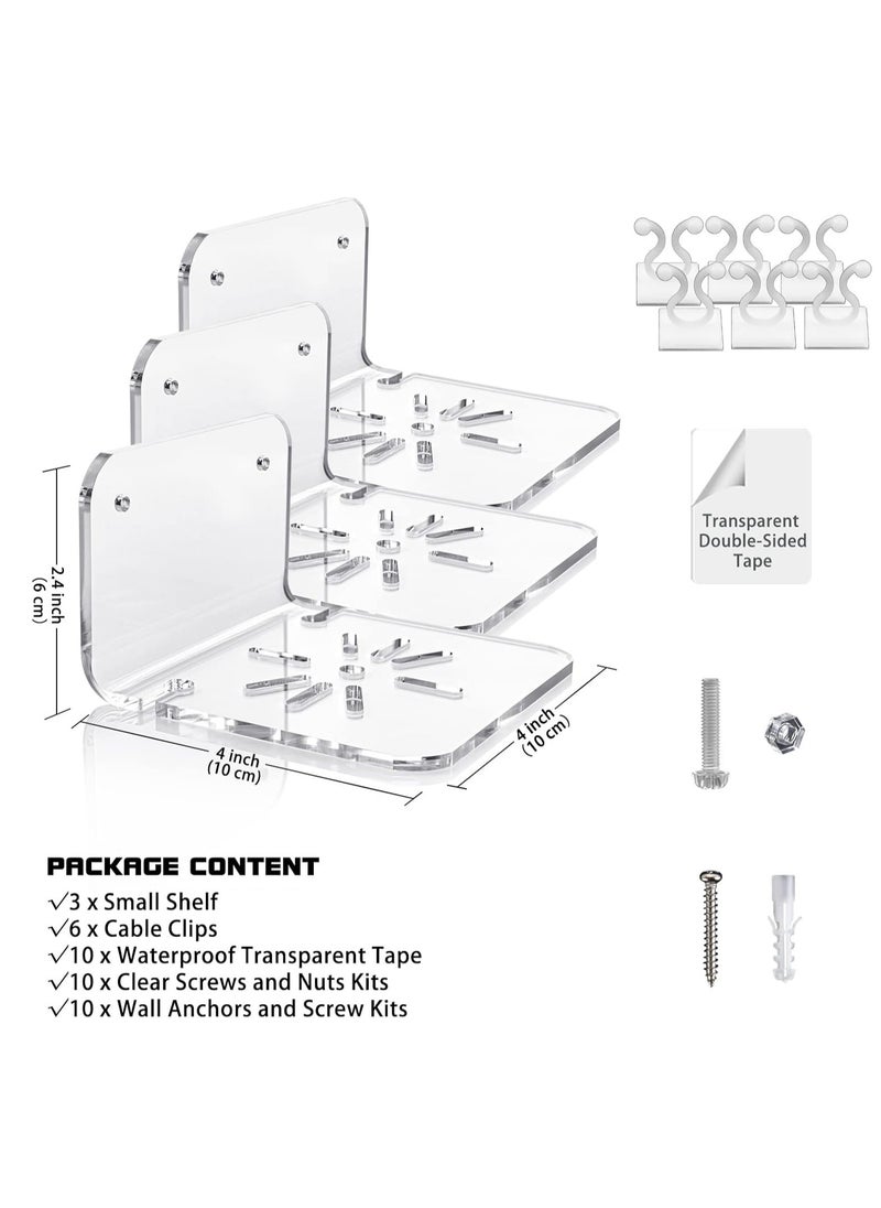 Set of 3 Acrylic Small Wall Shelf for Security Cameras, Small Floating Shelf for Speakers, Baby Monitors, Universal Adhesive Wall Mount Shelf Easy to Install No Drill, with Cable Clips (Clear)