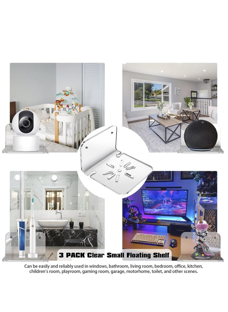 Set of 3 Acrylic Small Wall Shelf for Security Cameras, Small Floating Shelf for Speakers, Baby Monitors, Universal Adhesive Wall Mount Shelf Easy to Install No Drill, with Cable Clips (Clear)