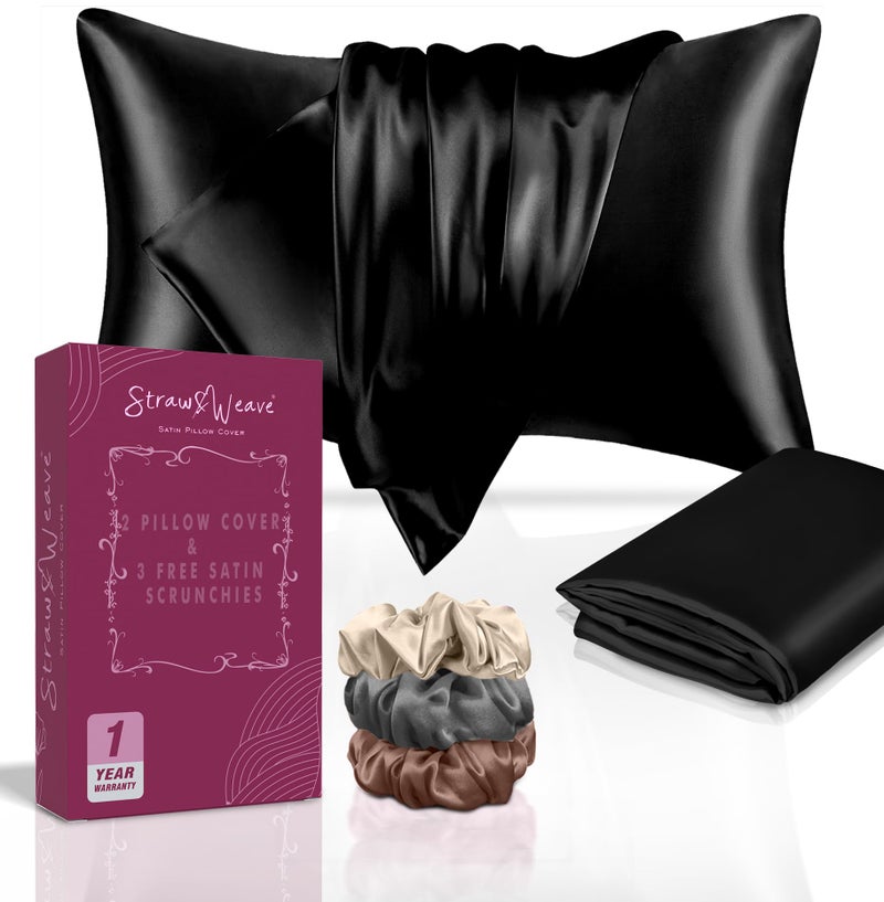 STRAW&WEAVE Satin Pillow Covers for Hair | Christmas Gift & New Year Gifting Employee Gifting | 3 Satin Scrunchies for Women | Silk Pillow Case Pack of 2 | 3 Satin Scrunchies for Women Hair | 1 Year Warranty - Image 3
