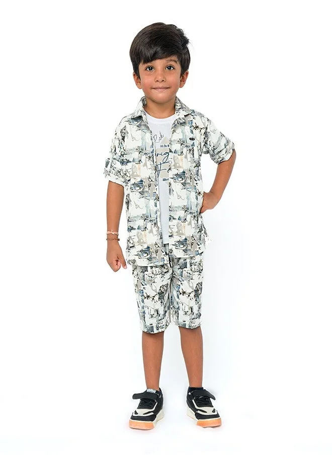 بيبي كلو Artistic monochrome three-piece set for boys - shirt, t-shirt, shorts