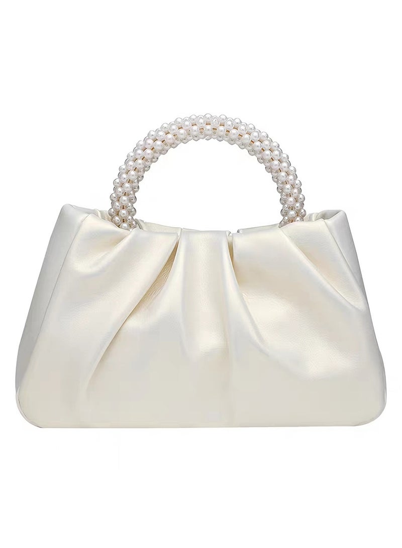 Clutch Purse for Women, Evening Bag with Pearl Handle, Soft PU Leather Handbag Pleated Bag for Wedding Bridal Prom Cocktail Party - Image 1