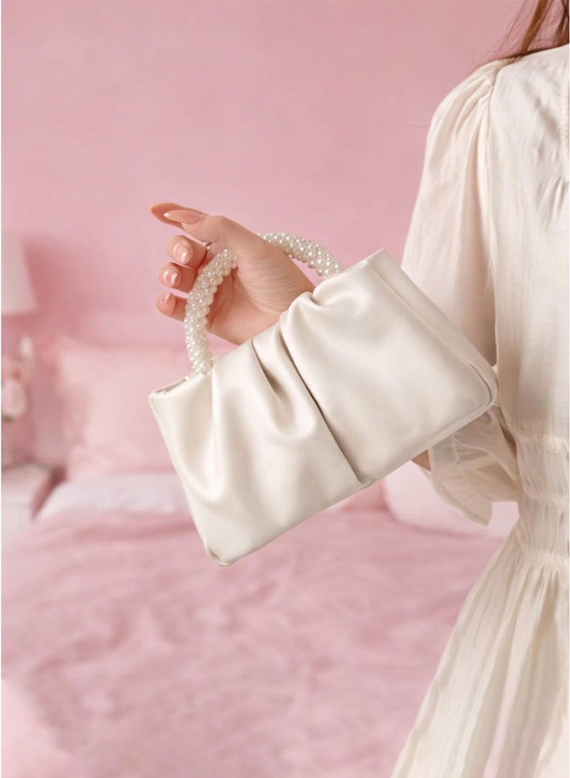 Clutch Purse for Women, Evening Bag with Pearl Handle, Soft PU Leather Handbag Pleated Bag for Wedding Bridal Prom Cocktail Party - Image 2