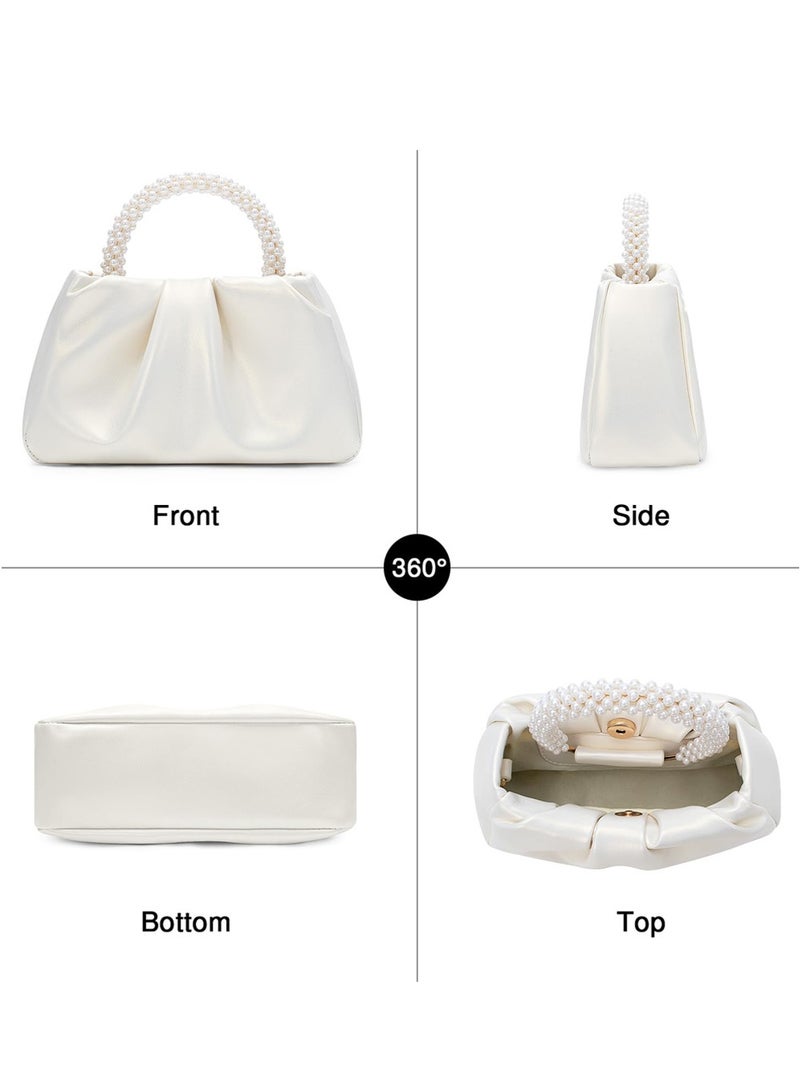 Clutch Purse for Women, Evening Bag with Pearl Handle, Soft PU Leather Handbag Pleated Bag for Wedding Bridal Prom Cocktail Party - Image 3
