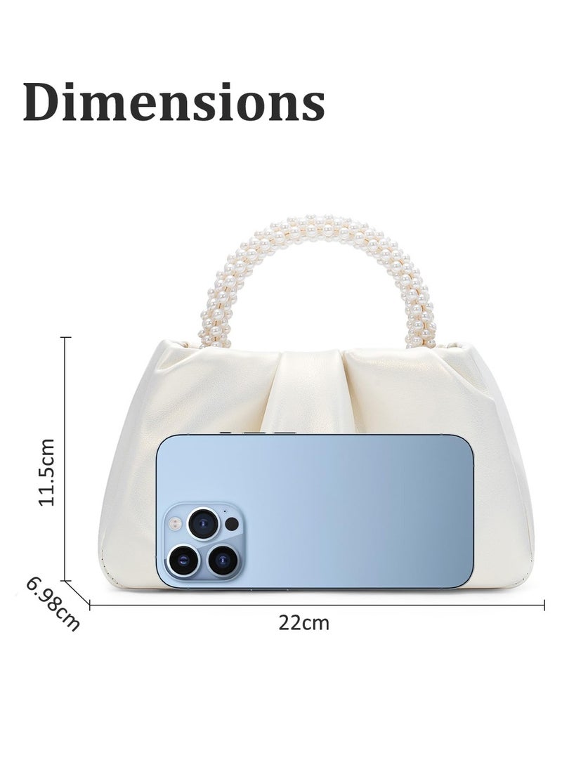 Clutch Purse for Women, Evening Bag with Pearl Handle, Soft PU Leather Handbag Pleated Bag for Wedding Bridal Prom Cocktail Party - Image 4