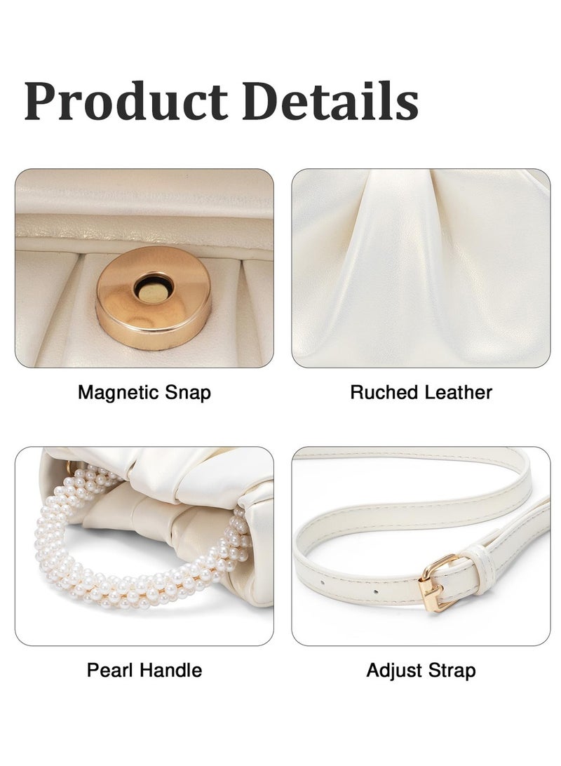 Clutch Purse for Women, Evening Bag with Pearl Handle, Soft PU Leather Handbag Pleated Bag for Wedding Bridal Prom Cocktail Party - Image 5