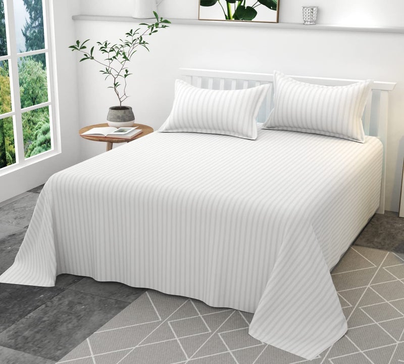 TRIPURARI 210TC Glace Cotton Plain Stripe Queen Size Double Bedsheet with 2 Pillow Cover for Home, Hotel, Guest Room (90 X 100) Inch, White Color - Image 2